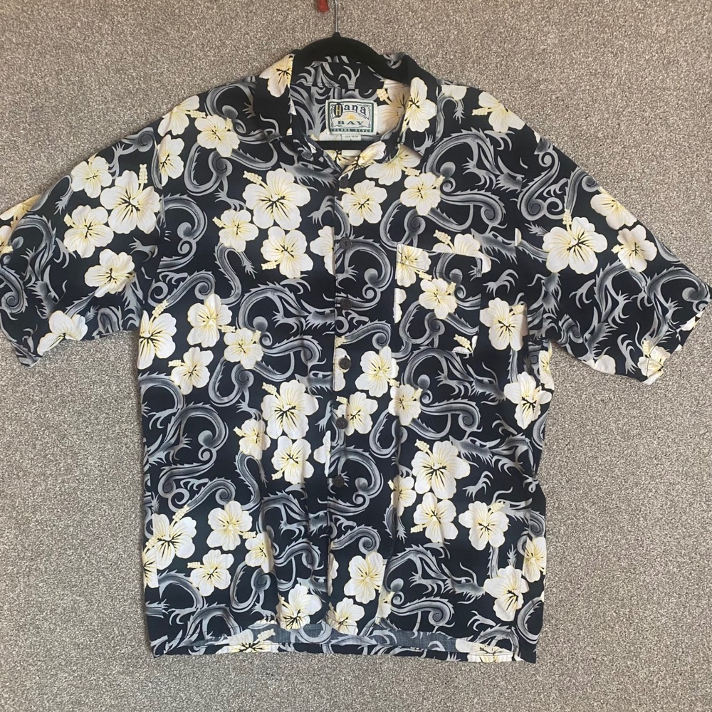 Hana Bay Mens Hawaiian Shirt Black White Yellow‎ Floral Print Rayon Large